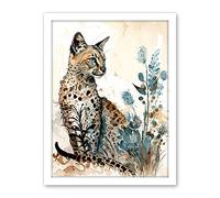 Artery8 Savannah Cat and Wildflowers Modern Watercolour and Ink Illustration Artwork Framed Wall Art Print 18X24 Inch