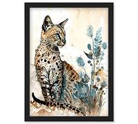 Artery8 Savannah Cat and Wildflowers Modern Watercolour and Ink Illustration Artwork Framed Wall Art Print A4