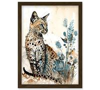 Savannah Cat and Wildflowers Modern Watercolour and Ink Illustration Artwork Framed Wall Art Print A4 Artery8 Brown One Size