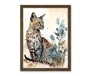 Artery8 Savannah Cat and Wildflowers Modern Watercolour and Ink Illustration Artwork Framed Wall Art Print 18X24 Inch