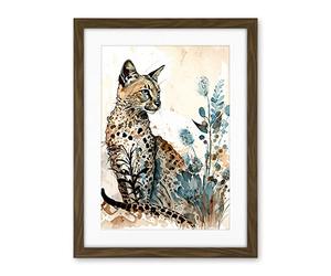 Artery8 Savannah Cat and Wildflowers Modern Watercolour and Ink Illustration Artwork Framed Wall Art Print 18X24 Inch