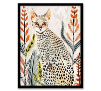 Savannah Cat Lover Boho Botanical Pet Portrait Framed Wall Art Artery8 Light Grey A4