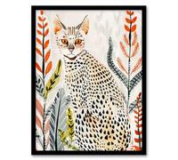 Savannah Cat Lover Boho Botanical Pet Portrait Framed Wall Art Artery8 Light Grey A4