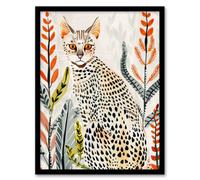 Savannah Cat Lover Boho Botanical Pet Portrait Framed Wall Art Artery8 Light Grey A4