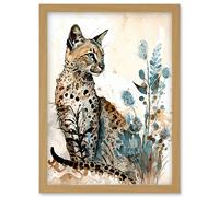 Savannah Cat and Wildflowers Modern Watercolour and Ink Illustration Artwork Framed Wall Art Print A4 Artery8 Light Oak One Size
