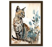 Savannah Cat and Wildflowers Modern Watercolour and Ink Illustration Artwork Framed Wall Art Print A4 Artery8 Brown One Size