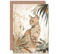 Artery8 Savannah Cat with Colourful Fur Pattern in Nature Modern Watercolour Illustration Art Birthday Sealed Greeting Card Plus Envelope Blank inside