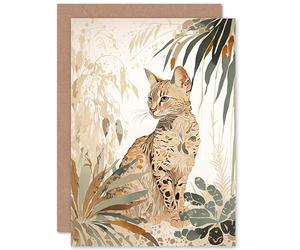 Artery8 Savannah Cat with Colourful Fur Pattern in Nature Modern Watercolour Illustration Art Birthday Sealed Greeting Card Plus Envelope Blank inside