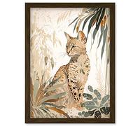 Savannah Cat with Colourful Fur Pattern in Nature Modern Watercolour Illustration Artwork Framed Wall Art Print A4 Artery8 Brown One Size
