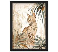 Artery8 Savannah Cat with Colourful Fur Pattern in Nature Modern Watercolour Illustration Artwork Framed Wall Art Print A4
