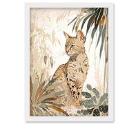 Artery8 Savannah Cat with Colourful Fur Pattern in Nature Modern Watercolour Illustration Artwork Framed Wall Art Print A4
