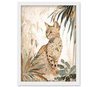 Artery8 Savannah Cat with Colourful Fur Pattern in Nature Modern Watercolour Illustration Artwork Framed Wall Art Print A4 in White Artery8 White