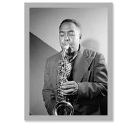 Artery8 Sax Jazz Legend Bird Charlie Parker Black & White A4 Artwork Framed Wall Art Print in Light Grey Artery8 Light Grey