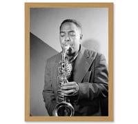 Artery8 Sax Jazz Legend Bird Charlie Parker Black & White A4 Artwork Framed Wall Art Print in Light Oak Artery8 Light Oak