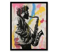 Artery8 Saxophone Player Portrait Paint Splash Street Art Framed Art Print | Size: W12" x H16" Artery8 Multicolor W12" x H16"