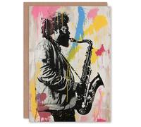 Artery8 Saxophone Player Portrait Paint Splash Street Art Greeting Birthday Card Him Her All Blank