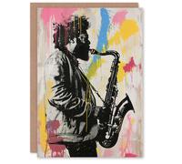 Artery8 Saxophone Player Portrait Paint Splash Street Art Greeting Birthday Card Him Her All Blank