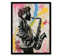 Artery8 Saxophone Player Portrait Paint Splash Street Art Living Room Artwork Framed Wall Art Print A4