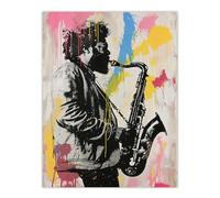 Saxophone Player Portrait Paint Splash Street Art Wall Art Print Artery8 Multi W24 inch x H32 inch