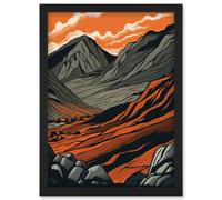 Artery8 Scafell Pike Mountain Landscape in Amber and Grey Artwork Framed Wall Art Print A4