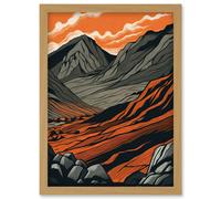 Artery8 Scafell Pike Mountain Landscape in Amber and Grey Artwork Framed Wall Art Print A4