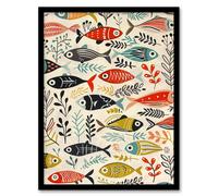 Scandi Fish Sea Kelp Design Colourful Rustic Framed Art Print Artery8 Multi W12 inch x H16 inch