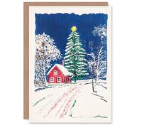 Artery8 Scandinavia Red Cottage Tree Winter Blank For Him Or Her Art Xmas Festive Christmas Card