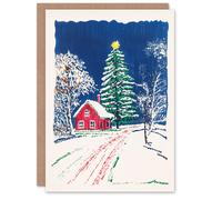 Artery8 Scandinavia Red Cottage Tree Winter Blank For Him Or Her Art Xmas Festive Christmas Card