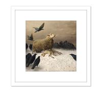 Artery8 Schenck Anguish Sheep Ewe Crows Carrion Painting 8X8 Inch Square Wooden Framed Wall Art Print Picture with Mount in White Artery8 White