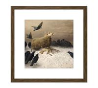 Artery8 Schenck Anguish Sheep Ewe Crows Carrion Painting 8X8 Inch Square Wooden Framed Wall Art Print Picture with Mount in Brown Artery8 Brown