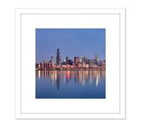 Artery8 Schwen Chicago Skyline Sunrise Reflection Panorama 8X8 Inch Square Wooden Framed Wall Art Print Picture with Mount in White Artery8 White