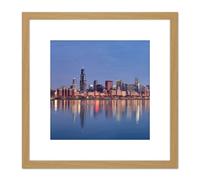 Artery8 Schwen Chicago Skyline Sunrise Reflection Panorama 8X8 Inch Square Wooden Framed Wall Art Print Picture with Mount in Light Oak Artery8 Light Oak