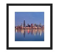 Artery8 Schwen Chicago Skyline Sunrise Reflection Panorama 8X8 Inch Square Wooden Framed Wall Art Print Picture with Mount in Black Artery8 Black