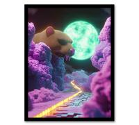 Artery8 Sci Fi Fantasy Landscape Large Rat Neon Moon Framed Art Print in Pink | Size: A4 Artery8 Pink A4