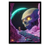 Sci Fi Neon Fantasy Landscape Skull Leopard Moon Framed Art Print Artery8 Pink A4