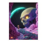 Artery8 Sci Fi Neon Fantasy Landscape Skull Leopard Moon Wall Art Print in Pink | Size: W12" x H16" Artery8 Pink W12" x H16"