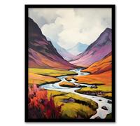 Wall Art Print Scotland Glencoe Valley Oil Painting Majestic Mountains And River With Heather Shrubs Art Framed Artery8 Black A4