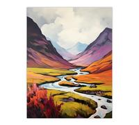 Scotland Glencoe Valley Oil Painting Majestic Mountains And River With Heather Shrubs Extra Large XL Unframed Wall Art Poster Print Artery8 Multi W24 inch x H32 inch