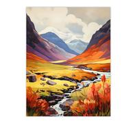 Artery8 Scotland Glencoe Valley Vibrant Oil Painting Majestic Mountains & River With Heather Shrubs Unframed Wall Art Print Poster Home Decor Premium Artery8 Multicolor W12" x H16"