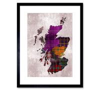 Wee Blue Coo Painting Map Outline Scotland Tartan Inset Regions Framed Wall Art Print