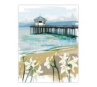 Artery8 Scottish Beach Pier Lily Wildflowers Painting Wall Art Print in Blue | Size: W12" x H16" Artery8 Blue W12" x H16"