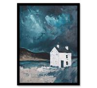 Scottish Coastal Cottage Night Oil Painting Hills Framed Art Print Artery8 Blue A4