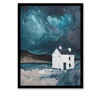 Scottish Coastal Cottage Night Oil Painting Hills Framed Art Print Artery8 Blue A4