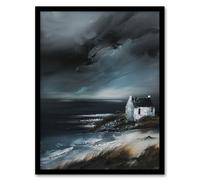 Scottish Coastal Cottage Oil Painting Timeless Framed Art Print Artery8 Grey A4