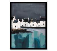 Artery8 Scottish Coastal Village Oil Painting Grey Sky Framed Art Print | Size: W12" x H16" Artery8 Grey W12" x H16"