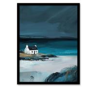 Scottish Cottage on Coast Timeless Oil Painting Framed Art Print Artery8 Blue A4