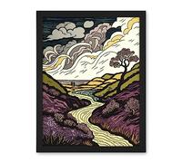 Artery8 Scottish Countryside Path with Purple Heather Artwork Framed Wall Art Print 18X24 Inch
