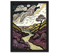 Artery8 Scottish Countryside Path with Purple Heather Artwork Framed Wall Art Print A4