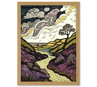 Artery8 Scottish Countryside Path with Purple Heather Artwork Framed Wall Art Print A4