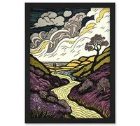Artery8 Scottish Countryside Path with Purple Heather Artwork Framed Wall Art Print A4